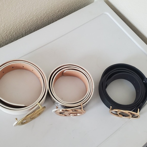 Set of 3 Women Faux Leather Belts Black White Snakeskin Gold Double Ring Buckle main image 10